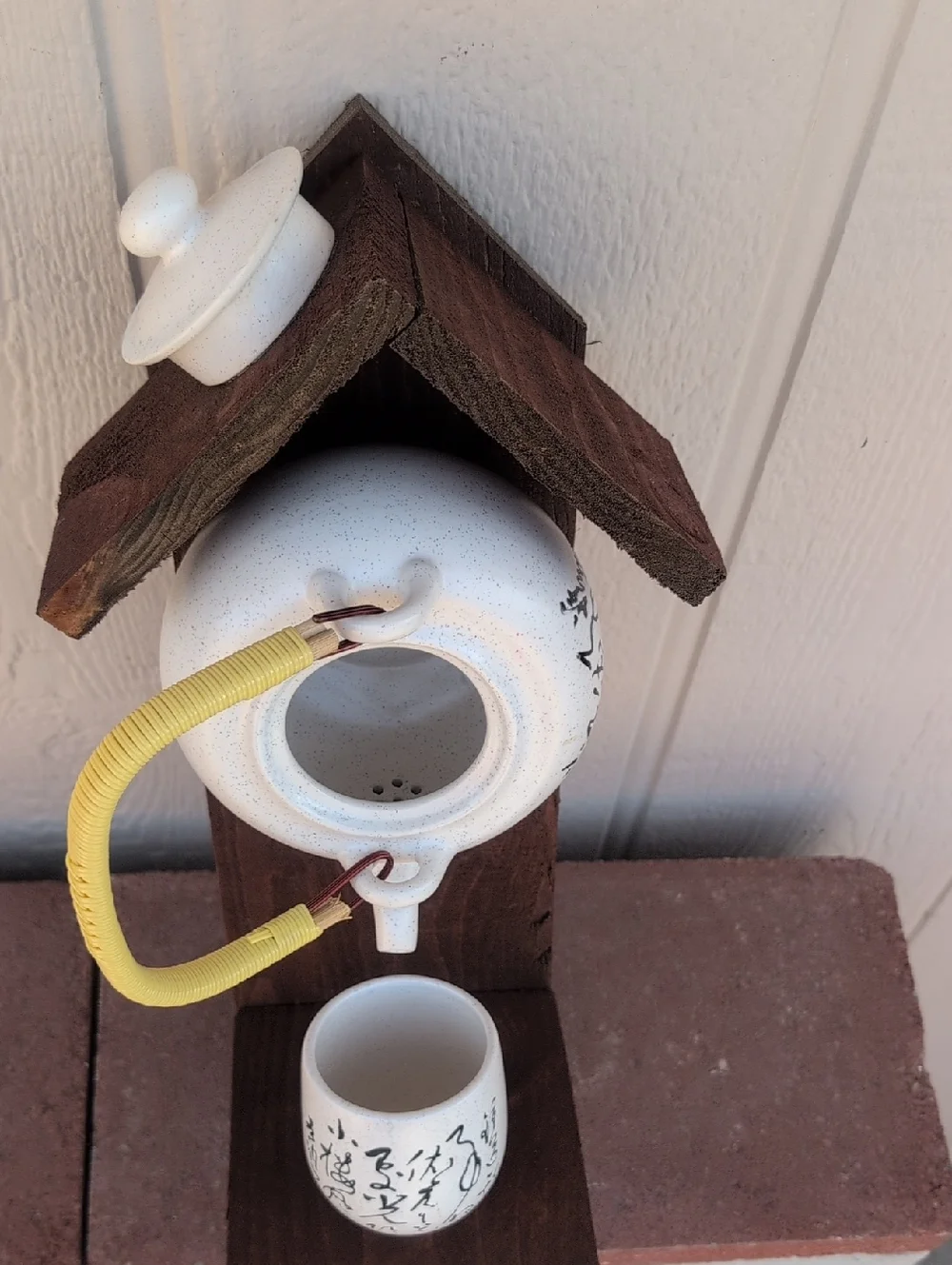 Rustic Wooden Handmade Bird Feeder Teapot Tea For All